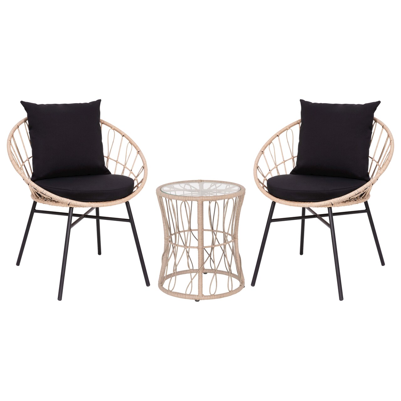 Merrick Lane Alma 3 Piece Patio Set with Rope Rattan Chairs, Matching Glass Top Side Table and Cushions for Indoor/Outdoor Use
